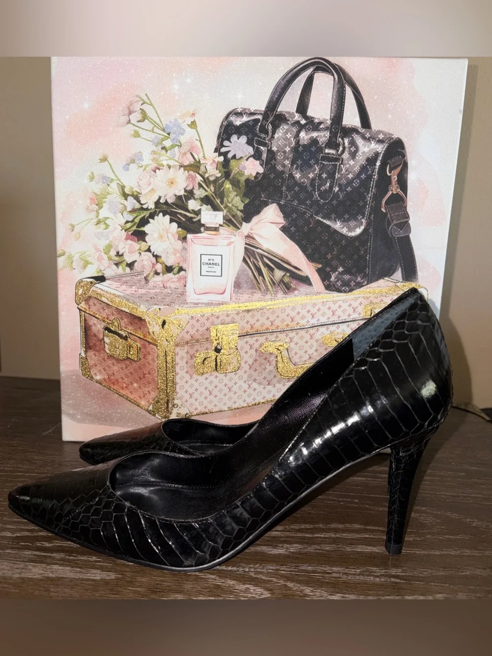 Ralph Lauren NWOT Black Crocodile-Texture Pointed-Toe Stiletto Heels